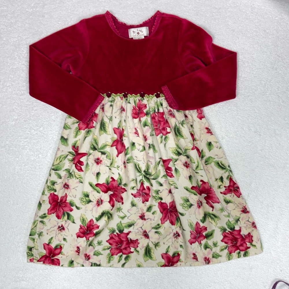 B. Lulu Los Angeles long sleeve soft velour lily print dress satin trim size 4